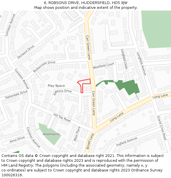 6, ROBSONS DRIVE, HUDDERSFIELD, HD5 9JW: Location map and indicative extent of plot