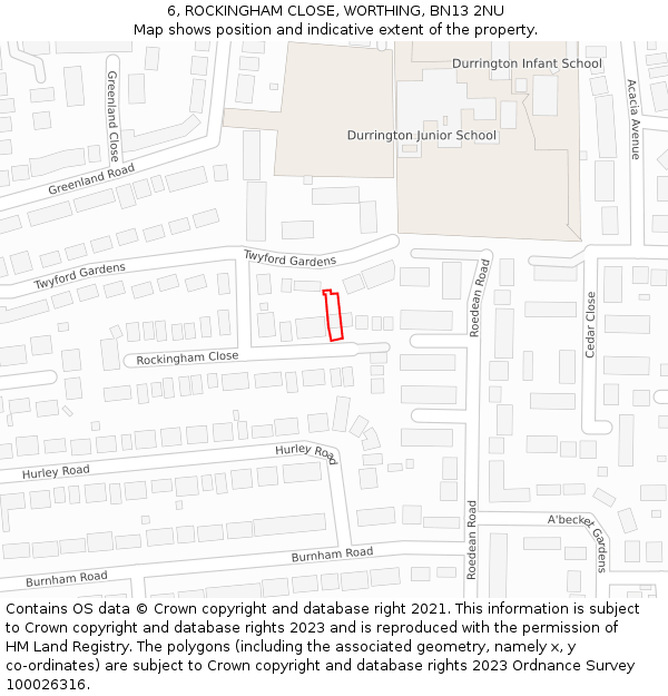 6, ROCKINGHAM CLOSE, WORTHING, BN13 2NU: Location map and indicative extent of plot