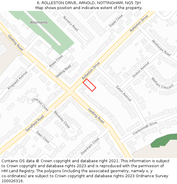 6, ROLLESTON DRIVE, ARNOLD, NOTTINGHAM, NG5 7JH: Location map and indicative extent of plot