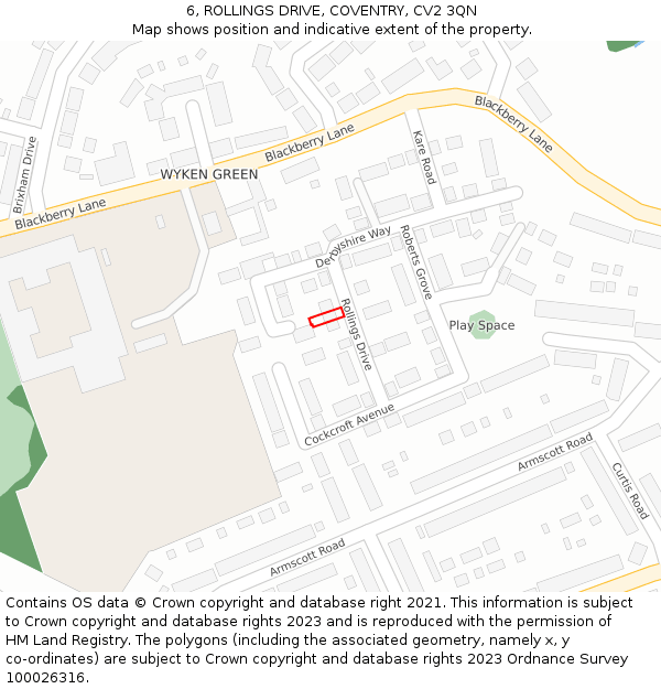 6, ROLLINGS DRIVE, COVENTRY, CV2 3QN: Location map and indicative extent of plot