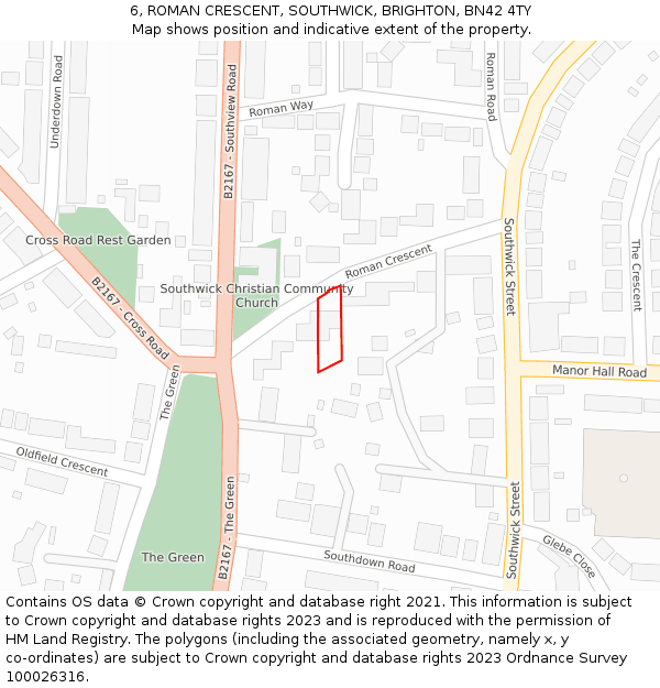 6, ROMAN CRESCENT, SOUTHWICK, BRIGHTON, BN42 4TY: Location map and indicative extent of plot