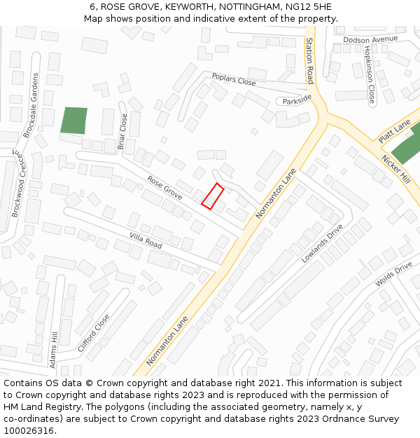 6, ROSE GROVE, KEYWORTH, NOTTINGHAM, NG12 5HE: Location map and indicative extent of plot