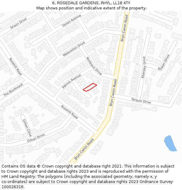 6, ROSEDALE GARDENS, RHYL, LL18 4TY: Location map and indicative extent of plot