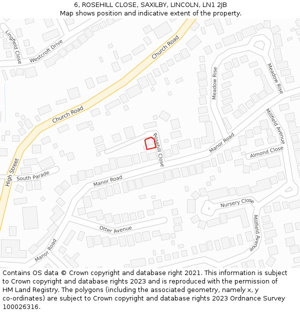 6, ROSEHILL CLOSE, SAXILBY, LINCOLN, LN1 2JB: Location map and indicative extent of plot