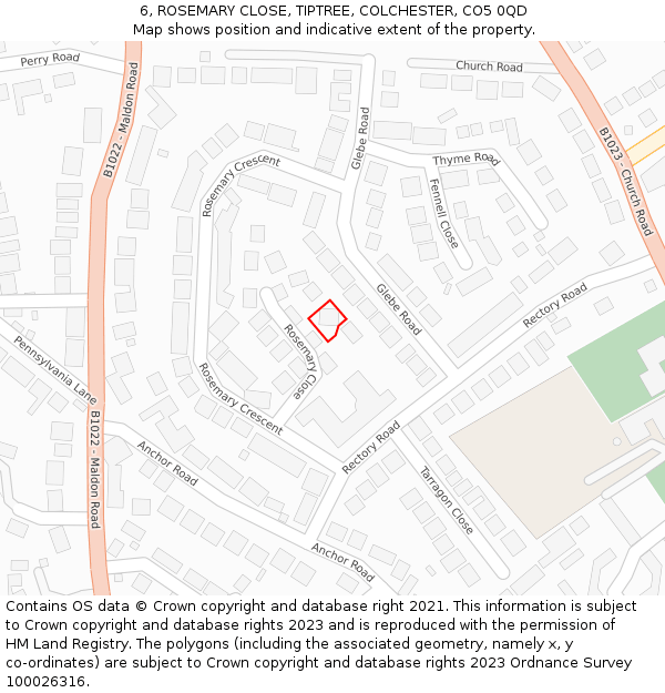 6, ROSEMARY CLOSE, TIPTREE, COLCHESTER, CO5 0QD: Location map and indicative extent of plot