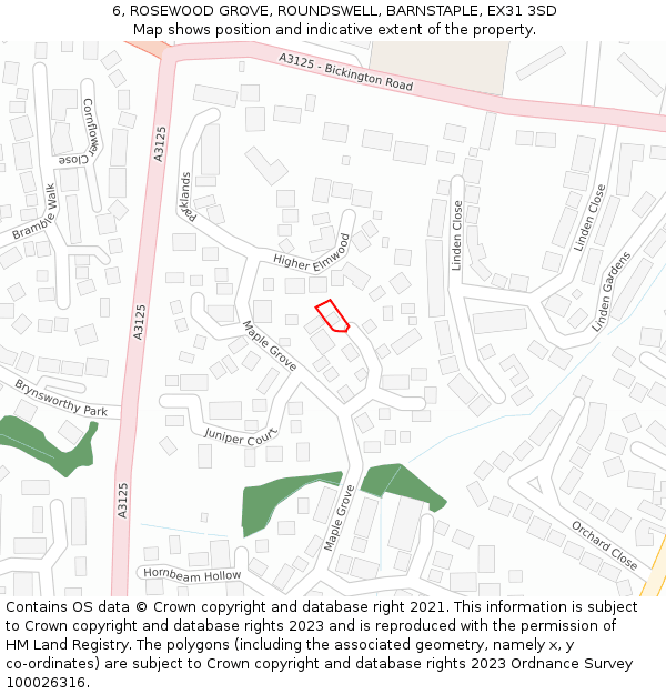 6, ROSEWOOD GROVE, ROUNDSWELL, BARNSTAPLE, EX31 3SD: Location map and indicative extent of plot