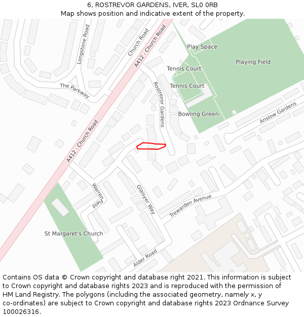 6, ROSTREVOR GARDENS, IVER, SL0 0RB: Location map and indicative extent of plot