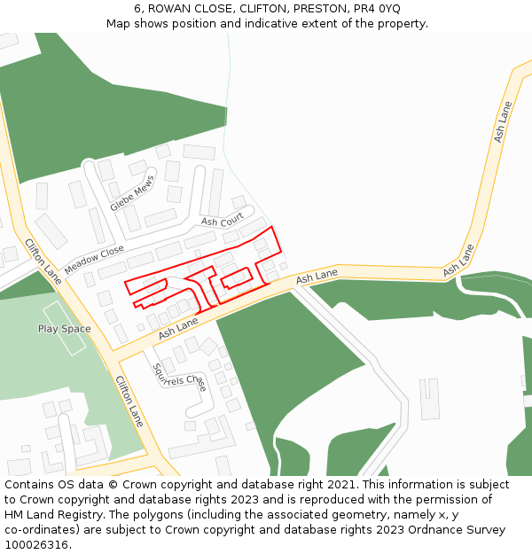 6, ROWAN CLOSE, CLIFTON, PRESTON, PR4 0YQ: Location map and indicative extent of plot