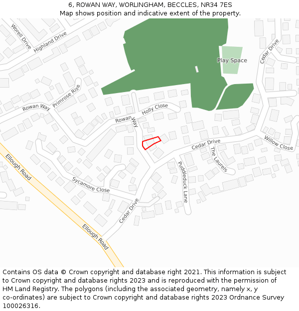 6, ROWAN WAY, WORLINGHAM, BECCLES, NR34 7ES: Location map and indicative extent of plot