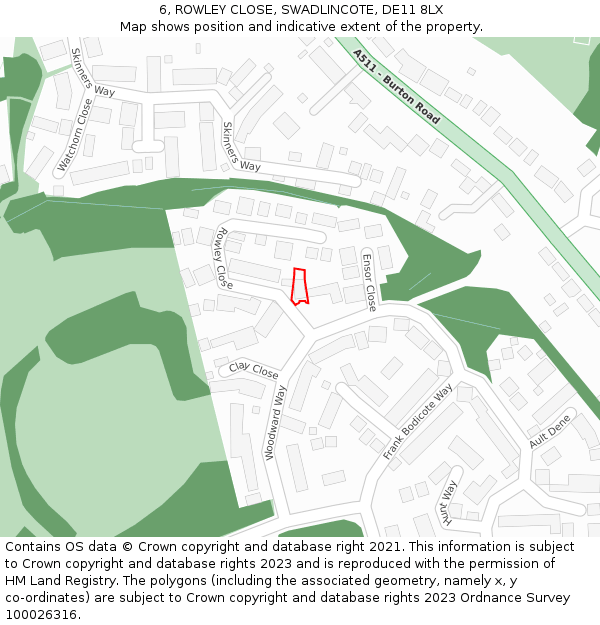 6, ROWLEY CLOSE, SWADLINCOTE, DE11 8LX: Location map and indicative extent of plot