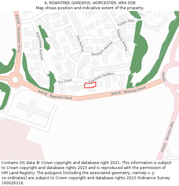6, ROWNTREE GARDENS, WORCESTER, WR4 0SB: Location map and indicative extent of plot