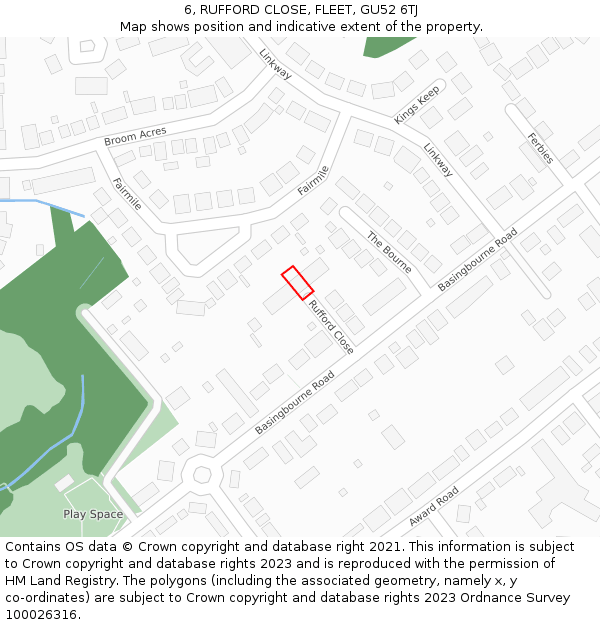 6, RUFFORD CLOSE, FLEET, GU52 6TJ: Location map and indicative extent of plot