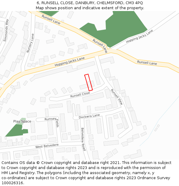 6, RUNSELL CLOSE, DANBURY, CHELMSFORD, CM3 4PQ: Location map and indicative extent of plot