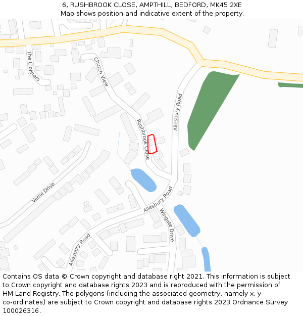 6, RUSHBROOK CLOSE, AMPTHILL, BEDFORD, MK45 2XE: Location map and indicative extent of plot