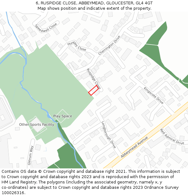 6, RUSPIDGE CLOSE, ABBEYMEAD, GLOUCESTER, GL4 4GT: Location map and indicative extent of plot