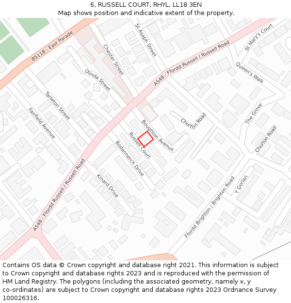 6, RUSSELL COURT, RHYL, LL18 3EN: Location map and indicative extent of plot