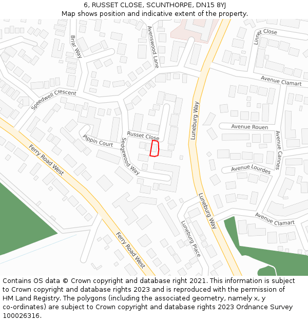 6, RUSSET CLOSE, SCUNTHORPE, DN15 8YJ: Location map and indicative extent of plot