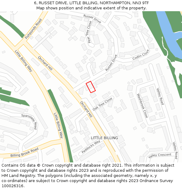 6, RUSSET DRIVE, LITTLE BILLING, NORTHAMPTON, NN3 9TF: Location map and indicative extent of plot