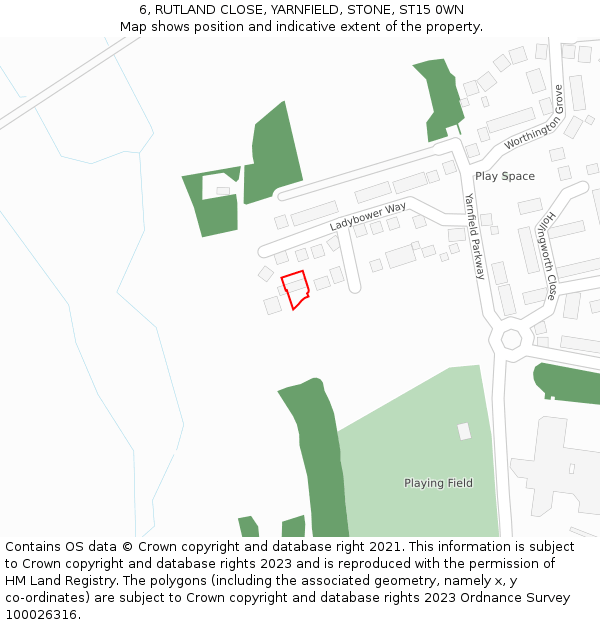6, RUTLAND CLOSE, YARNFIELD, STONE, ST15 0WN: Location map and indicative extent of plot