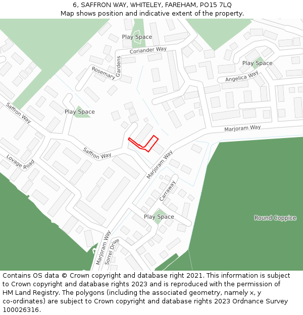 6, SAFFRON WAY, WHITELEY, FAREHAM, PO15 7LQ: Location map and indicative extent of plot