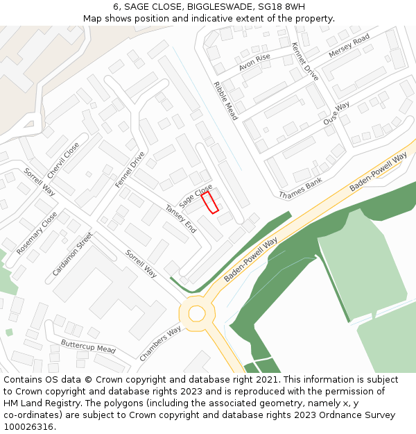 6, SAGE CLOSE, BIGGLESWADE, SG18 8WH: Location map and indicative extent of plot