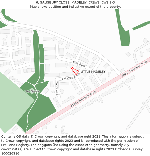 6, SALISBURY CLOSE, MADELEY, CREWE, CW3 9JG: Location map and indicative extent of plot