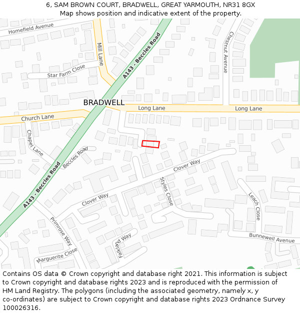 6, SAM BROWN COURT, BRADWELL, GREAT YARMOUTH, NR31 8GX: Location map and indicative extent of plot