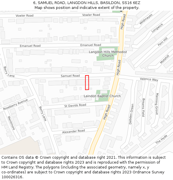6, SAMUEL ROAD, LANGDON HILLS, BASILDON, SS16 6EZ: Location map and indicative extent of plot