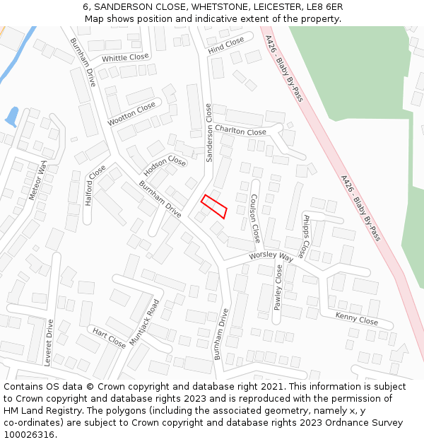 6, SANDERSON CLOSE, WHETSTONE, LEICESTER, LE8 6ER: Location map and indicative extent of plot
