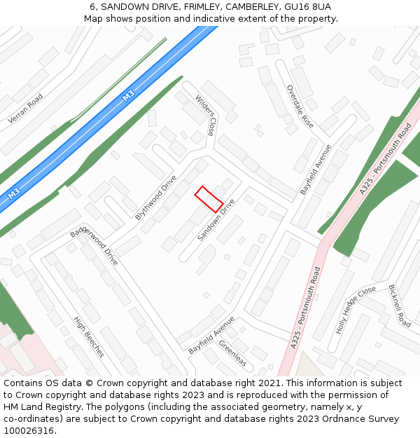 6, SANDOWN DRIVE, FRIMLEY, CAMBERLEY, GU16 8UA: Location map and indicative extent of plot