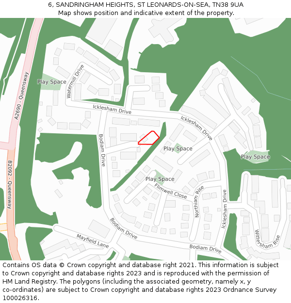 6, SANDRINGHAM HEIGHTS, ST LEONARDS-ON-SEA, TN38 9UA: Location map and indicative extent of plot
