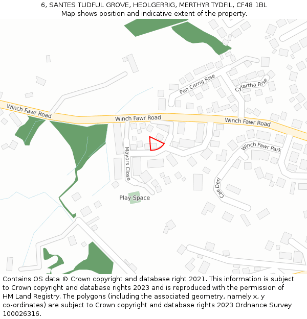 6, SANTES TUDFUL GROVE, HEOLGERRIG, MERTHYR TYDFIL, CF48 1BL: Location map and indicative extent of plot