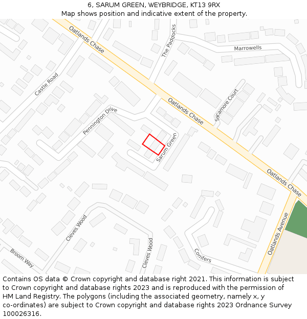6, SARUM GREEN, WEYBRIDGE, KT13 9RX: Location map and indicative extent of plot