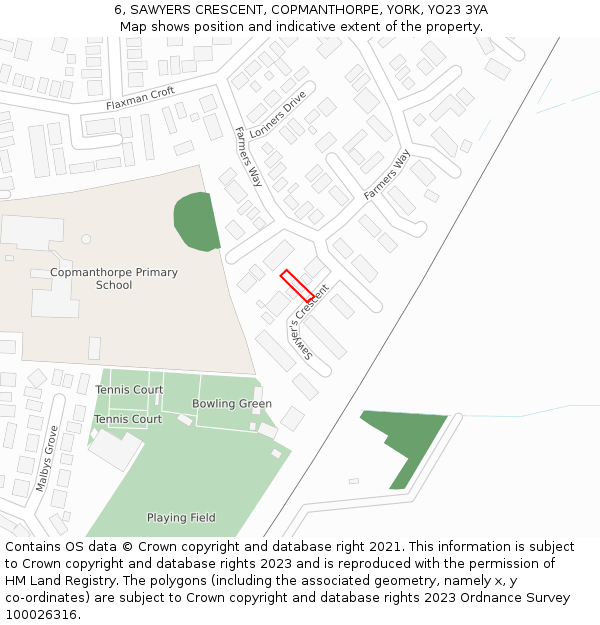 6, SAWYERS CRESCENT, COPMANTHORPE, YORK, YO23 3YA: Location map and indicative extent of plot