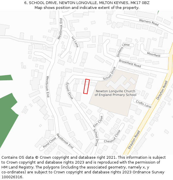 6, SCHOOL DRIVE, NEWTON LONGVILLE, MILTON KEYNES, MK17 0BZ: Location map and indicative extent of plot