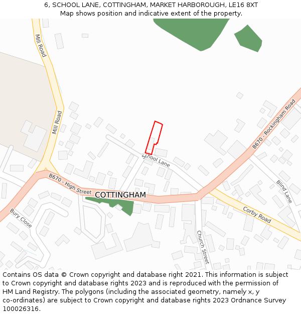 6, SCHOOL LANE, COTTINGHAM, MARKET HARBOROUGH, LE16 8XT: Location map and indicative extent of plot