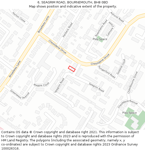 6, SEAGRIM ROAD, BOURNEMOUTH, BH8 0BD: Location map and indicative extent of plot