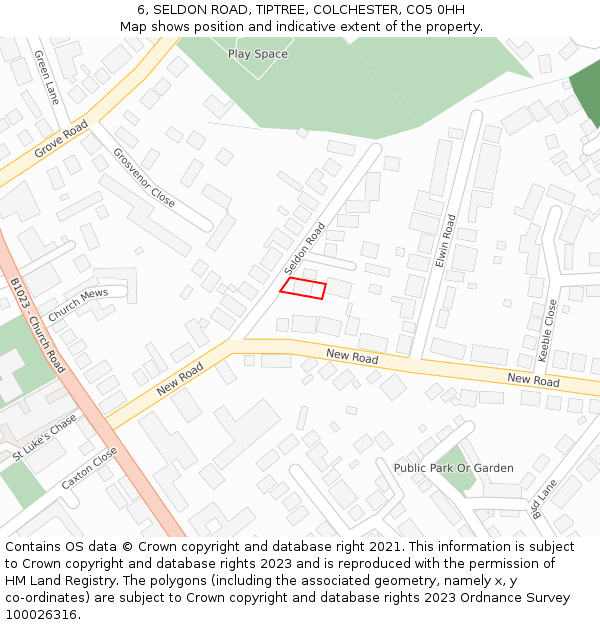 6, SELDON ROAD, TIPTREE, COLCHESTER, CO5 0HH: Location map and indicative extent of plot