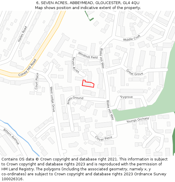 6, SEVEN ACRES, ABBEYMEAD, GLOUCESTER, GL4 4QU: Location map and indicative extent of plot