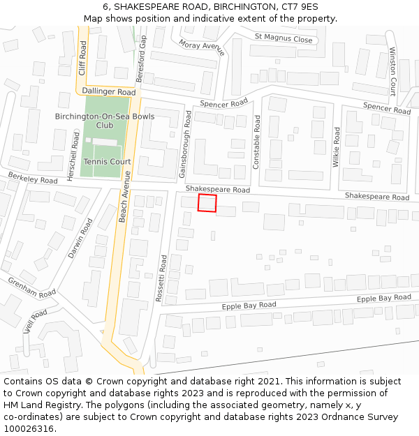 6, SHAKESPEARE ROAD, BIRCHINGTON, CT7 9ES: Location map and indicative extent of plot