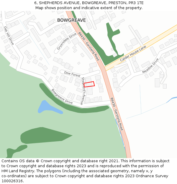 6, SHEPHERDS AVENUE, BOWGREAVE, PRESTON, PR3 1TE: Location map and indicative extent of plot