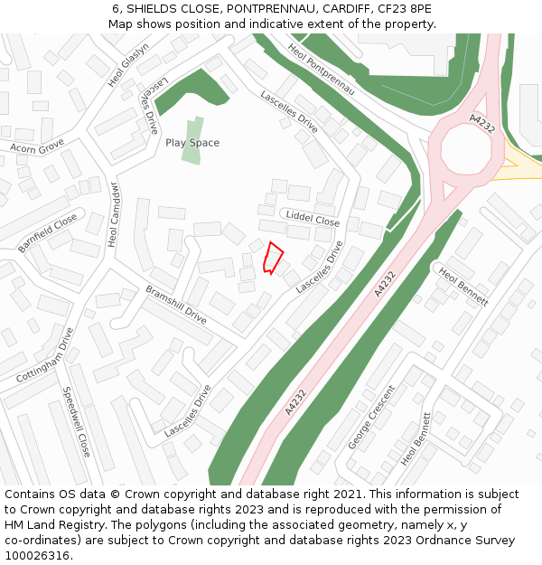 6, SHIELDS CLOSE, PONTPRENNAU, CARDIFF, CF23 8PE: Location map and indicative extent of plot