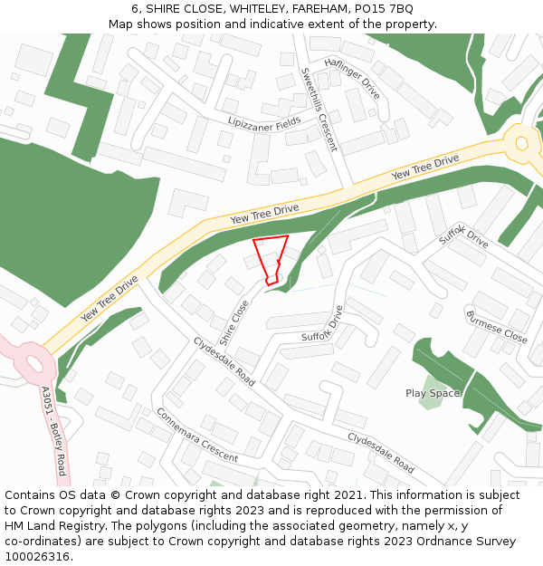 6, SHIRE CLOSE, WHITELEY, FAREHAM, PO15 7BQ: Location map and indicative extent of plot