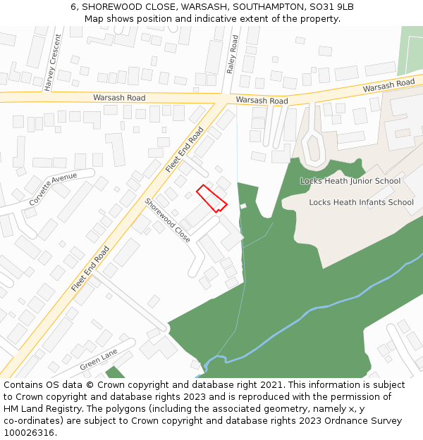 6, SHOREWOOD CLOSE, WARSASH, SOUTHAMPTON, SO31 9LB: Location map and indicative extent of plot