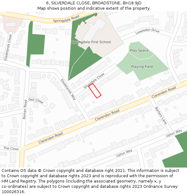 6, SILVERDALE CLOSE, BROADSTONE, BH18 9JD: Location map and indicative extent of plot