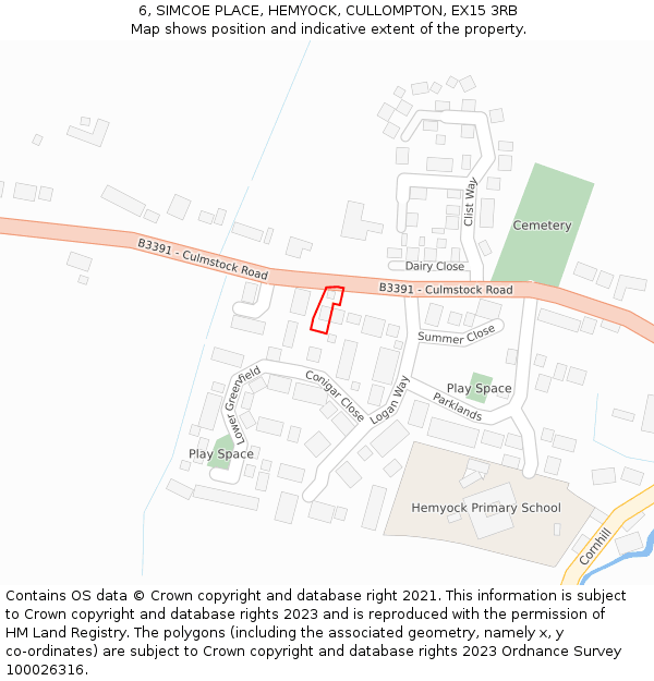 6, SIMCOE PLACE, HEMYOCK, CULLOMPTON, EX15 3RB: Location map and indicative extent of plot