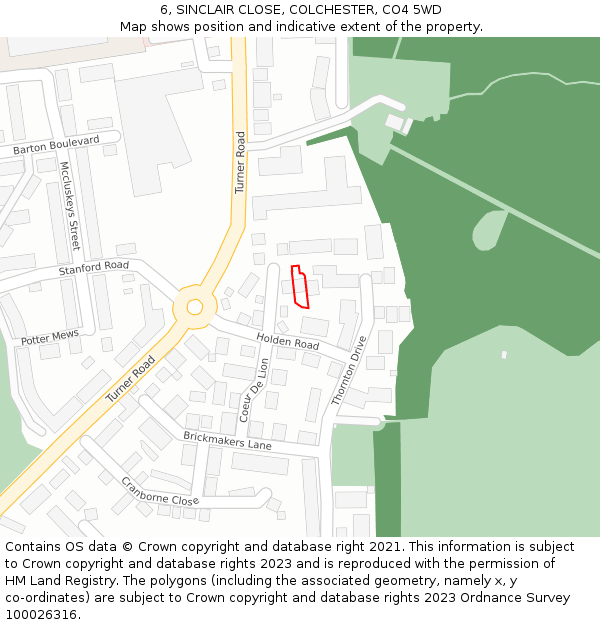 6, SINCLAIR CLOSE, COLCHESTER, CO4 5WD: Location map and indicative extent of plot