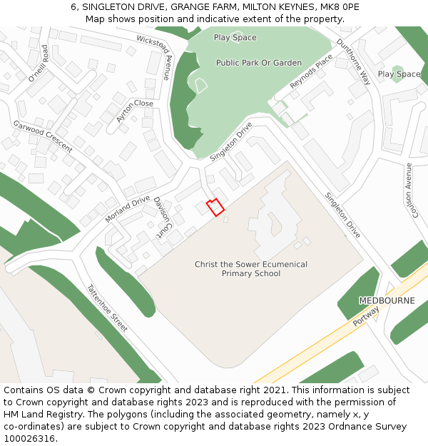 6, SINGLETON DRIVE, GRANGE FARM, MILTON KEYNES, MK8 0PE: Location map and indicative extent of plot