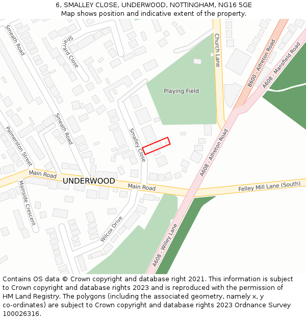 6, SMALLEY CLOSE, UNDERWOOD, NOTTINGHAM, NG16 5GE: Location map and indicative extent of plot