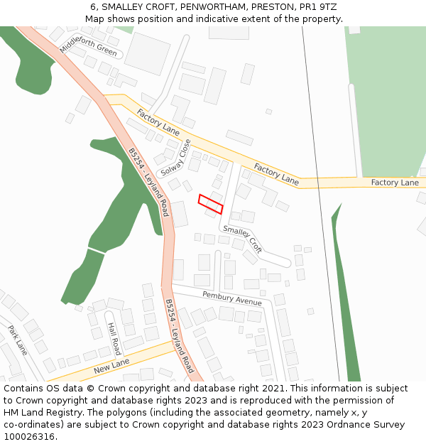 6, SMALLEY CROFT, PENWORTHAM, PRESTON, PR1 9TZ: Location map and indicative extent of plot